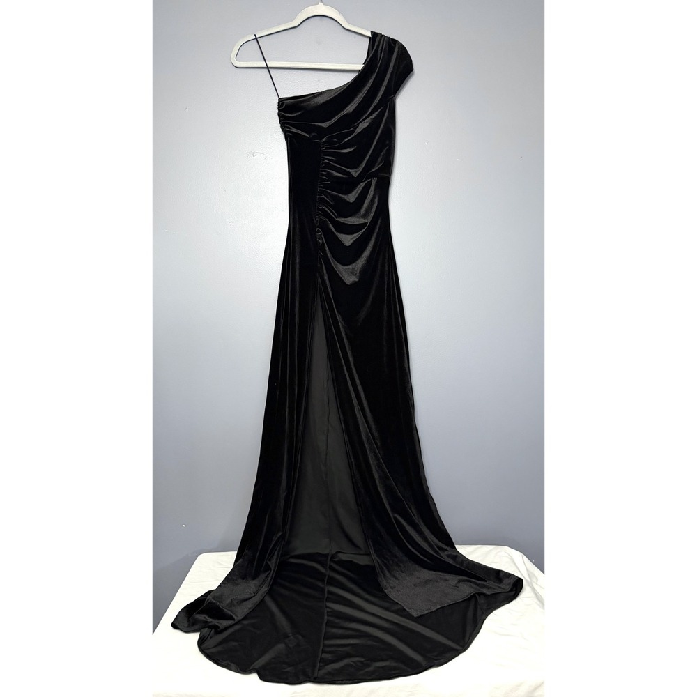 Fashion Nova Met At The Gala Velvet Dress XS Black One Shoulder Slit Glam Witchy